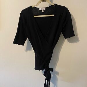 & Other Stories Black Knit Wrap Top size M lettuce edge sleeve